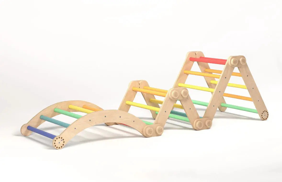 Ensemble d’escalade inclinable (set L avec Rocker) - arc-en-ciel, bois brut (non verni), 18 à 24 mois - BusyKids by BusyKids