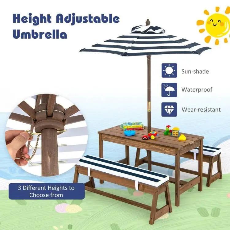 Kids Outdoor Wooden Picnic Table Bench Chairs Cushions Umbrella Set Navy/White by FastFurnishings
