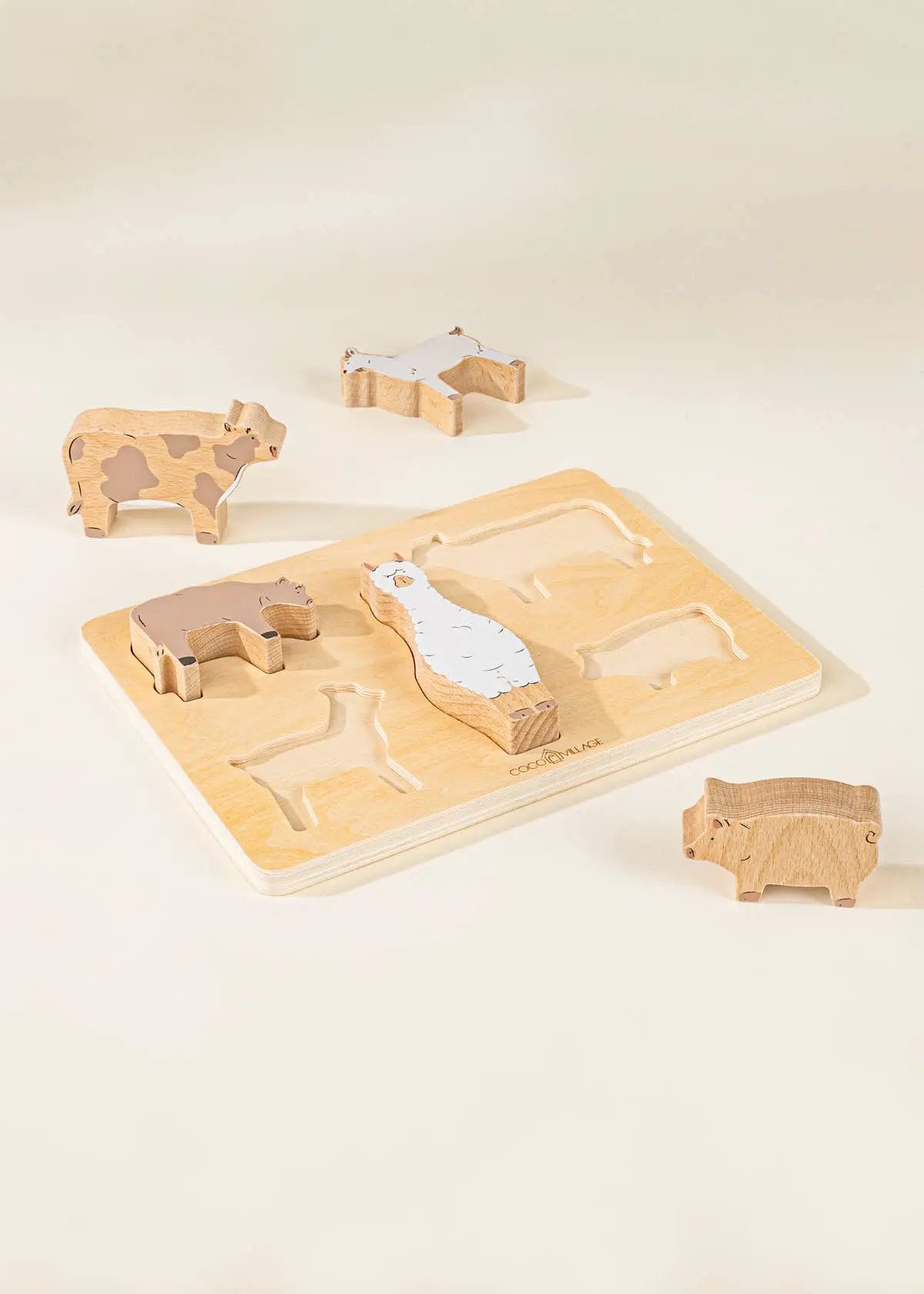 Ensemble de 5 animaux de grange sur assiette en bois - Coco Village by Coco Village