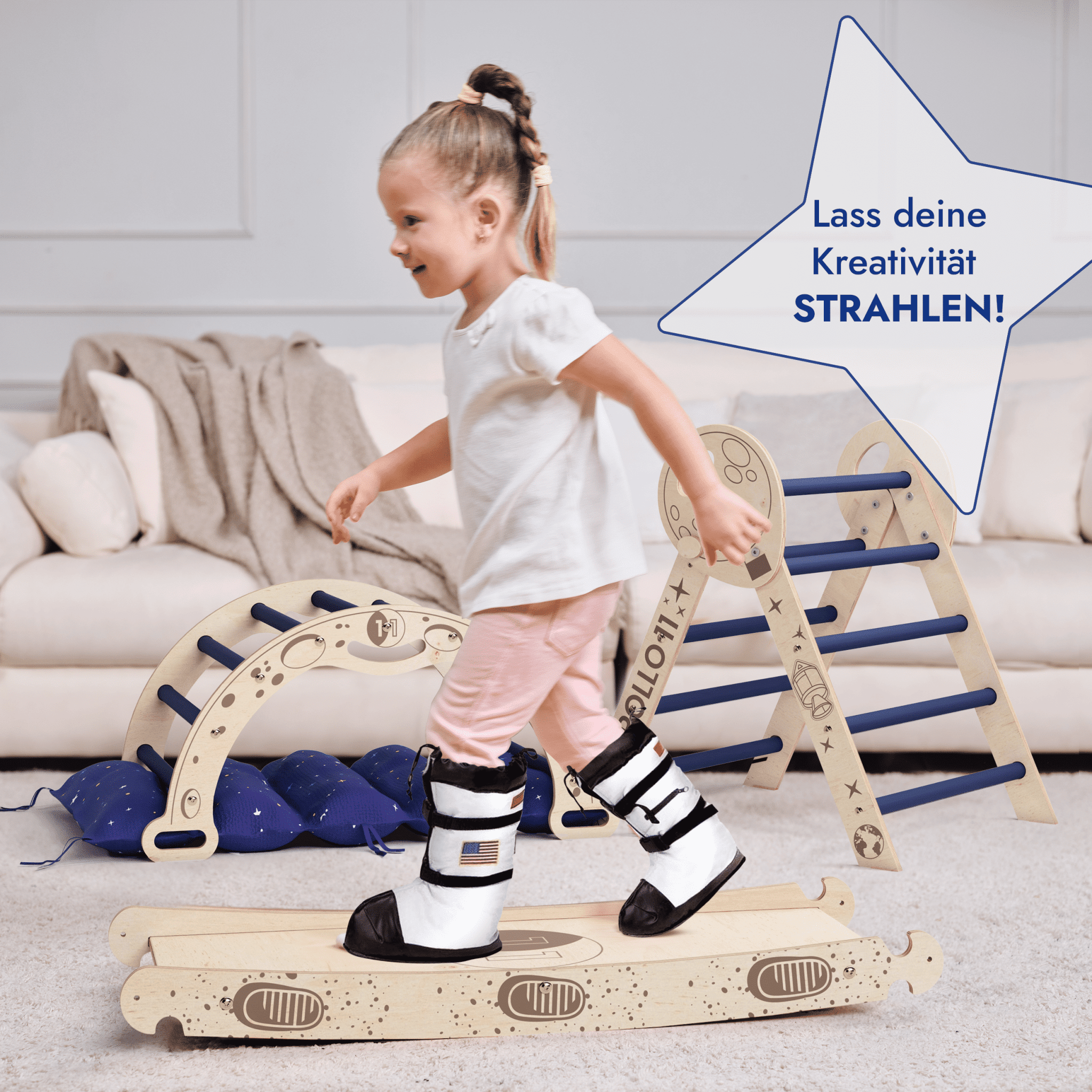 Apollo 4in1 Kletterset: Pikler - Dreieck, Kletterbogen, Rutschbrett und Kissen für kleine Kleinkind - Astronauten - myplayground
