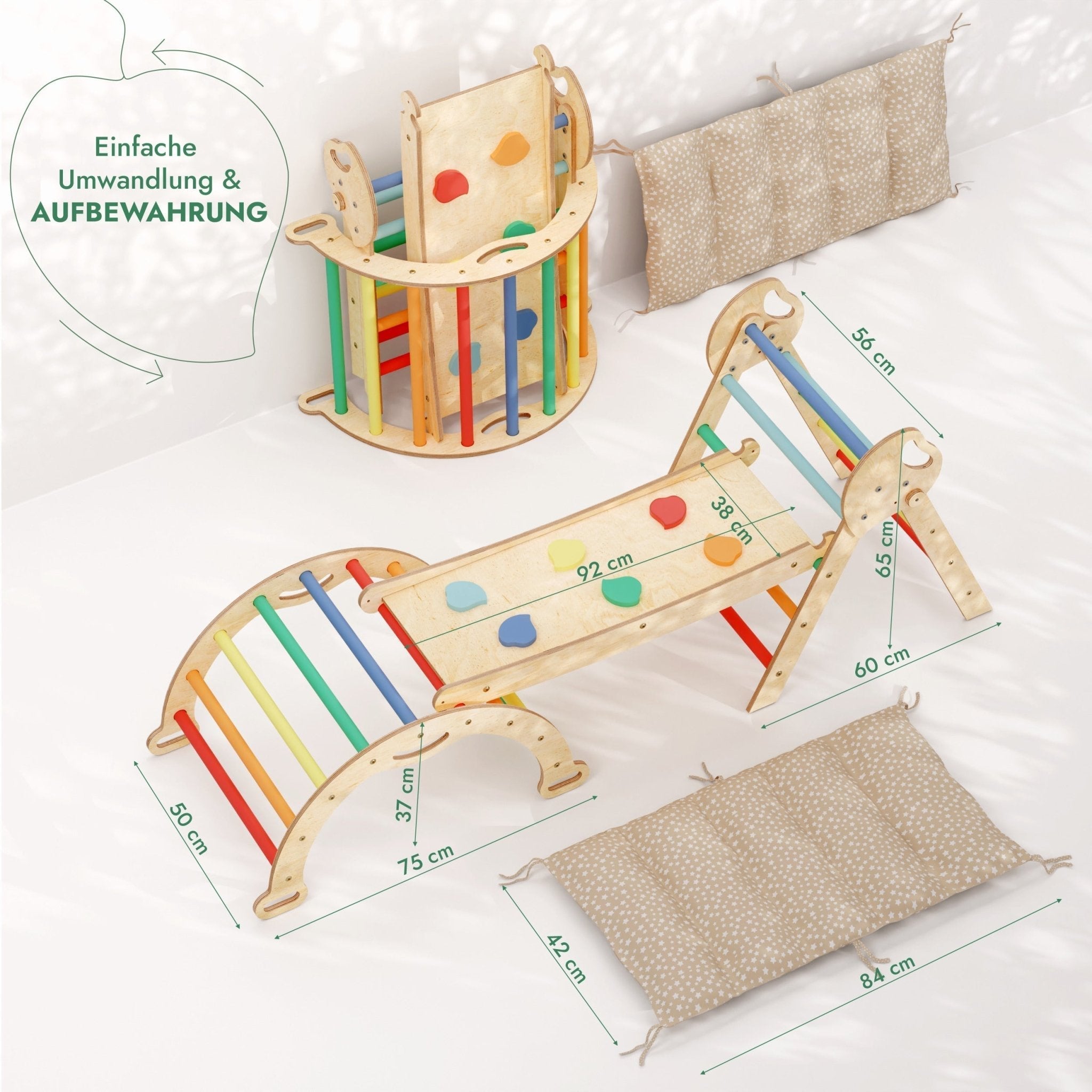 4in1 Montessori - Kletterset: Pikler - Dreieck, Kletterbogen, Rutschbrett und Kissen für Kleinkinder (1–3 Jahre) – Regenbogen - myplayground