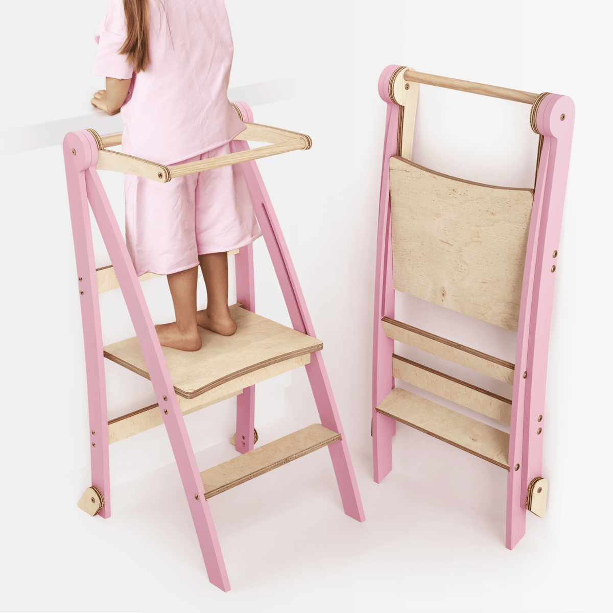 Montessori Wooden Learning Tower For Kids Foldable Multifunctional Step Stool Pink by Goodevas