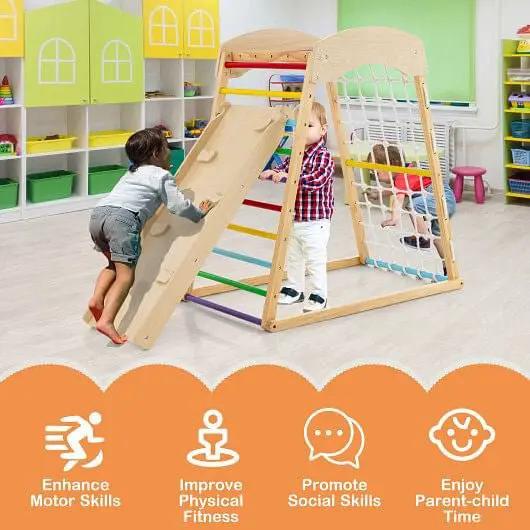 6-in-1 Jungle Gym Wooden Indoor Playground with Double-Sided Ramp and Monkey Bars-Multicolor by myplayground