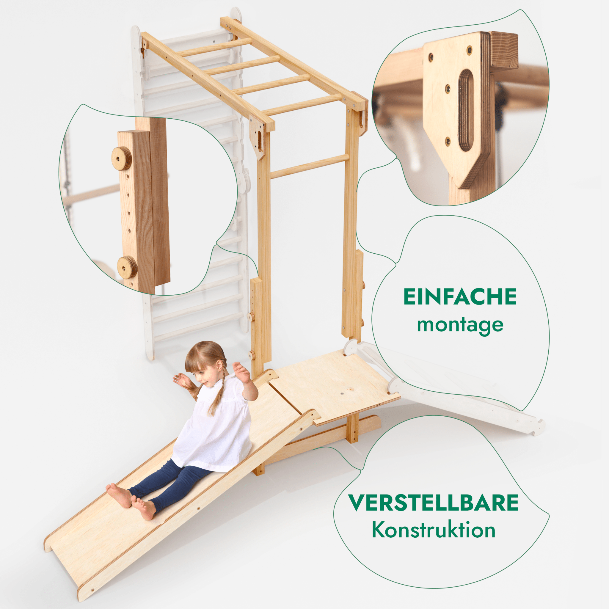7 - in - 1 Dschungel - Spielset für Kinder: Sprossenwand + Kletterstange + Schaukelset + Rutsche + Kletterrampe - myplayground