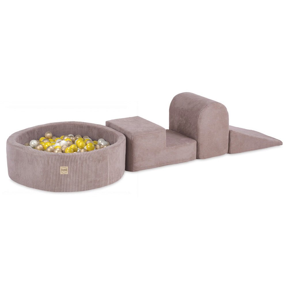 Terrain de jeu 3 éléments + dry pool 90x30 – Velours côtelé beige premium (+200 balles : perle, or, jaune), aire de jeux – Plush Nest - myplayground