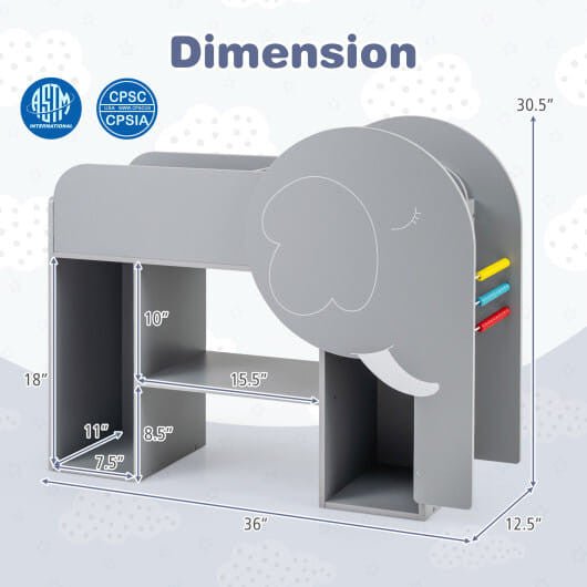 Montessori Bookshelf with Elephant Shape 3 - Tier Toddler Toy Storage Organizer - Grey - myplayground