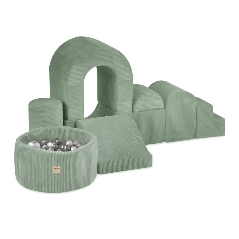 Château de terrain de jeu avec piscine +150 balles (perle, argent) – Velours côtelé vert premium – Plush Nest by Misioo