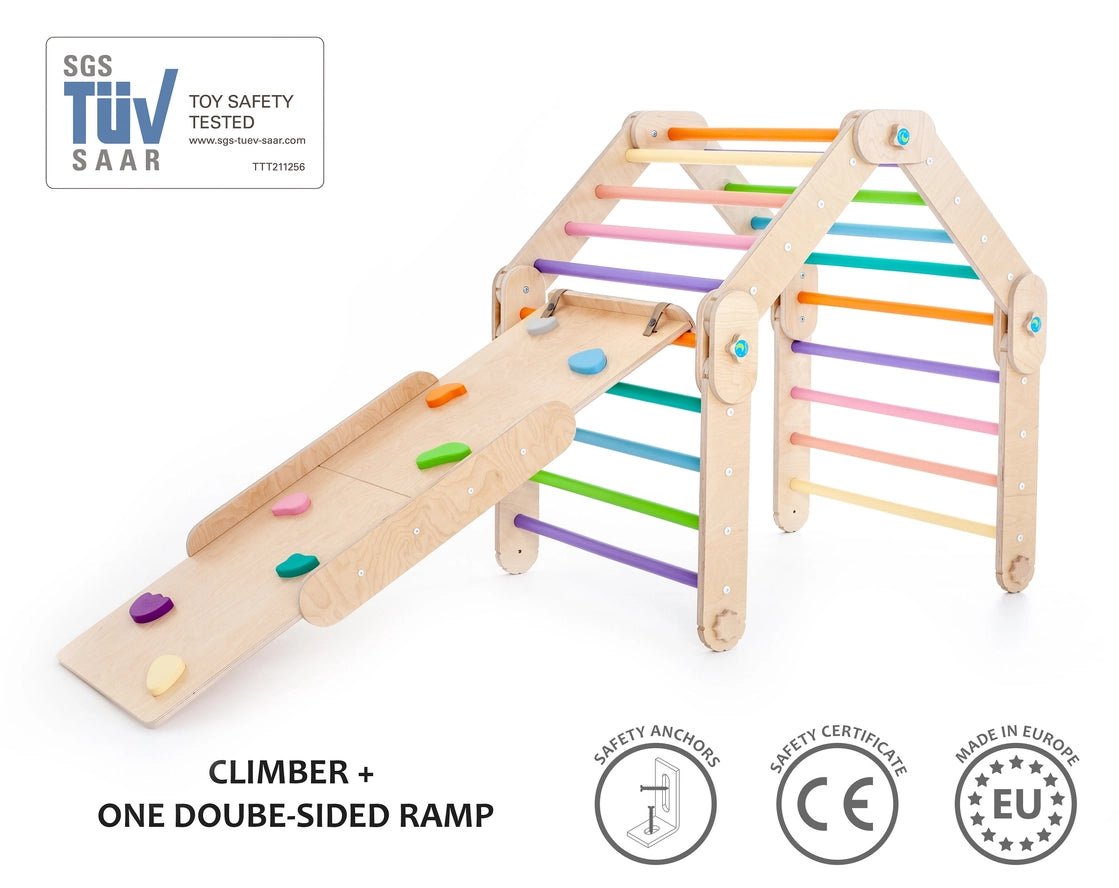 Triangle Pikler coloré avec rampe, transformable, HappyMoon - Jeu de motricité enfant - Happymoon - myplayground