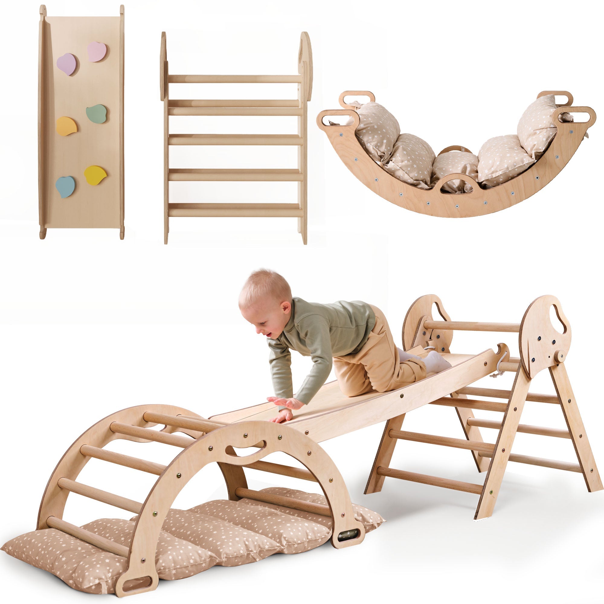 Montessori 4 In 1 Climbing Triangle For Toddlers 1 To 3 Years Pikler Triangle Climbing Arc Slide Board And Cushion by Goodevas