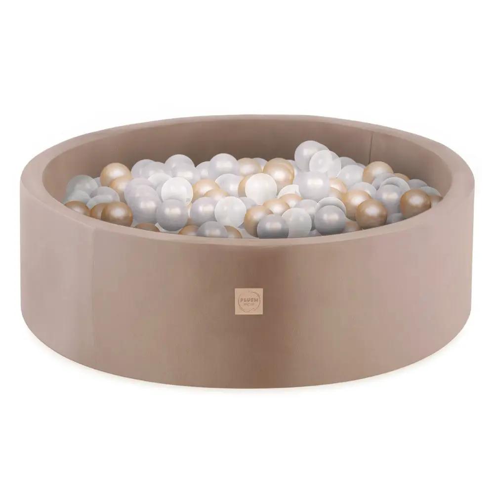 Piscine à balles, or, ronde, velours, 90x30 (200 boules : or, transparentes, perle) - Plush Nest - Misioo by Misioo