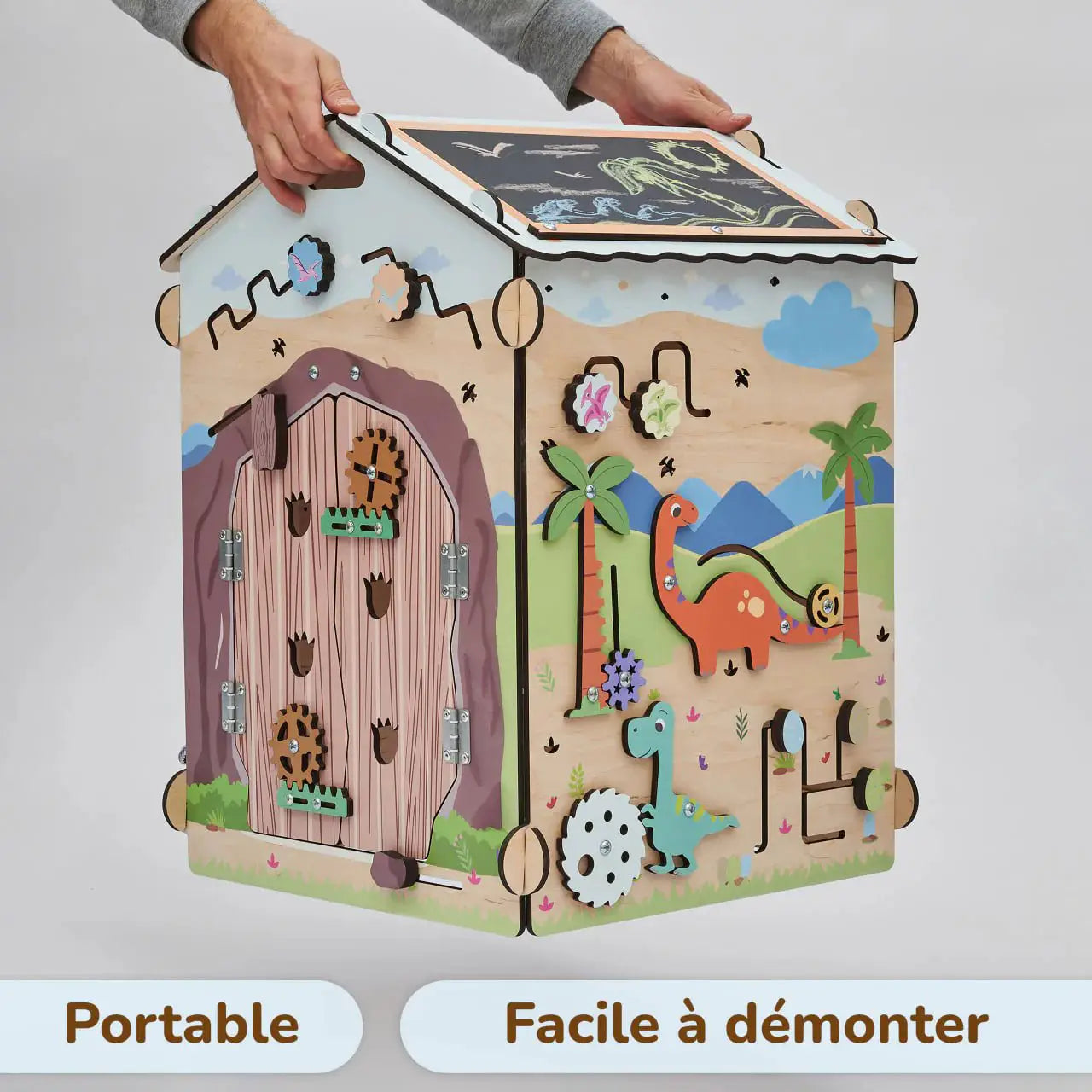Busy Board Maisonnette Éducative DINO Équipé d'un Éclairage - Bois Natura, 12 à 18 mois - BusyKids by BusyKids