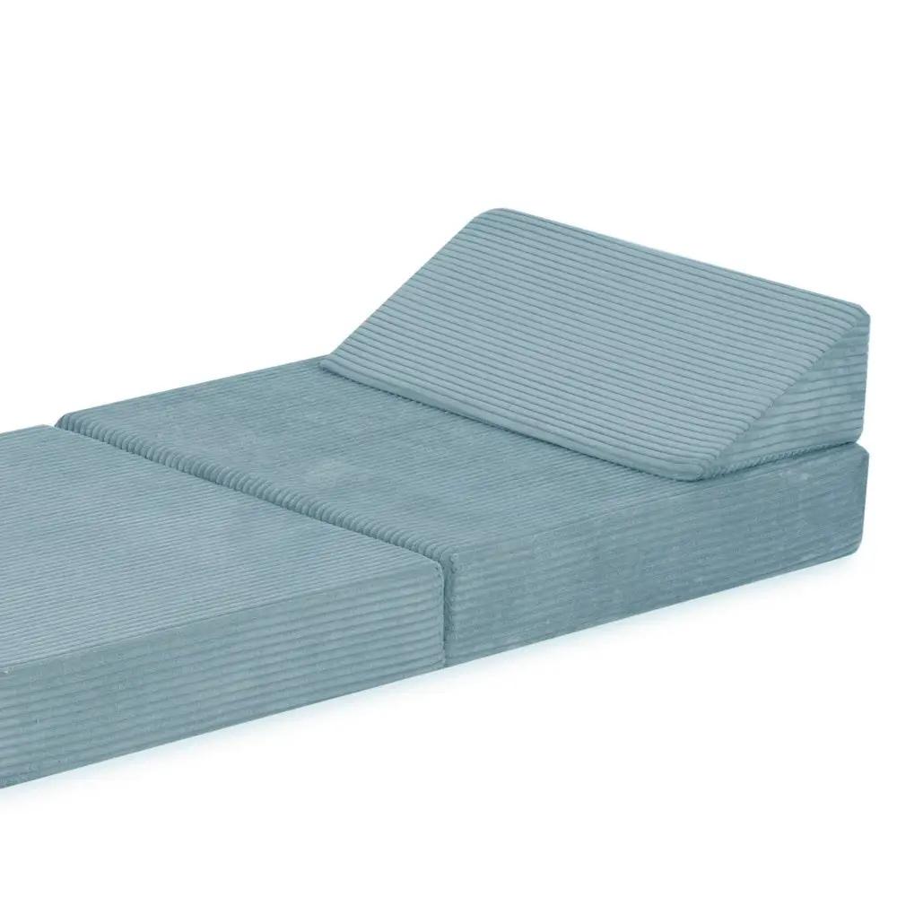 Matelas Foldie large avec appui-tête - Velours côtelé bleu premium - Plush Nest by Misioo