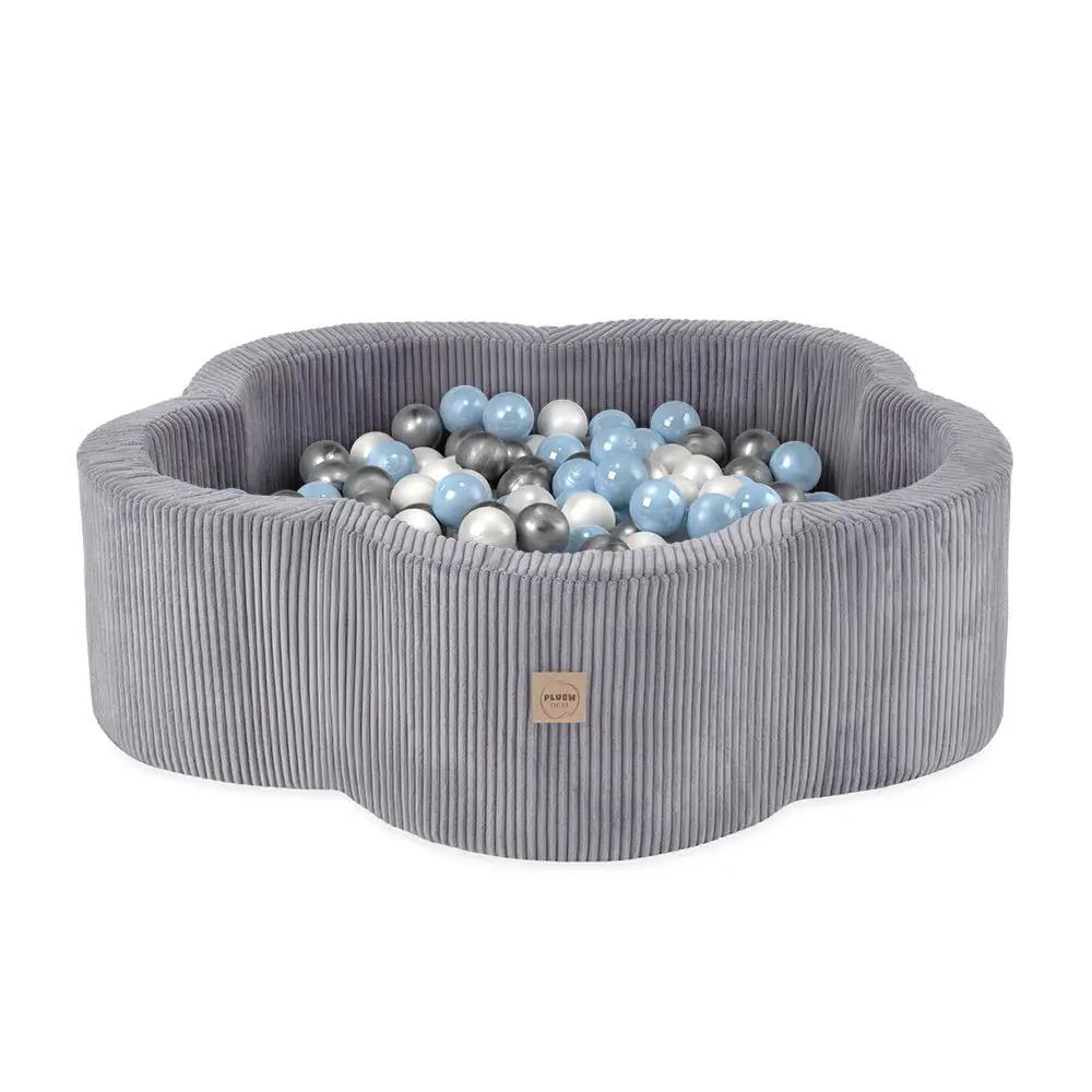 Piscine à balles - 95x30, gris, velours côtelé premium, Floral Fun Zone (+ 200 boules perle, argent, bleu clair) - Plush nest - Misioo by Misioo
