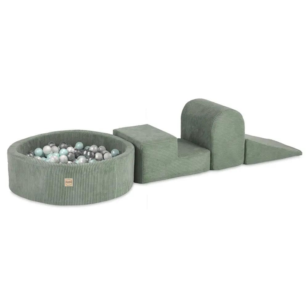 Terrain de jeu 3 éléments + dry pool 90x30 – Velours côtelé vert premium (+200 balles : perle, menthe perle, argent), aire de jeux – Plush Nest by Misioo
