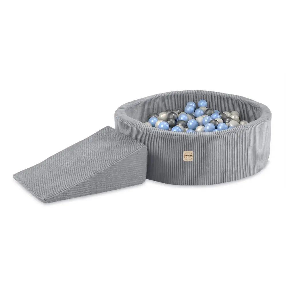 Terrain de jeu Dry pool + triangle – Velours côtelé gris premium, aire de jeu (+200 balles : perle, argent, bleu clair) – Plush Nest by Misioo