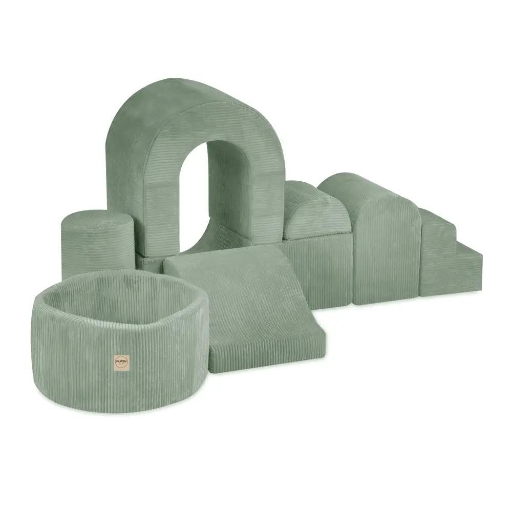 Château de terrain de jeu avec piscine +150 balles (perle, argent) – Velours côtelé vert premium – Plush Nest by Misioo