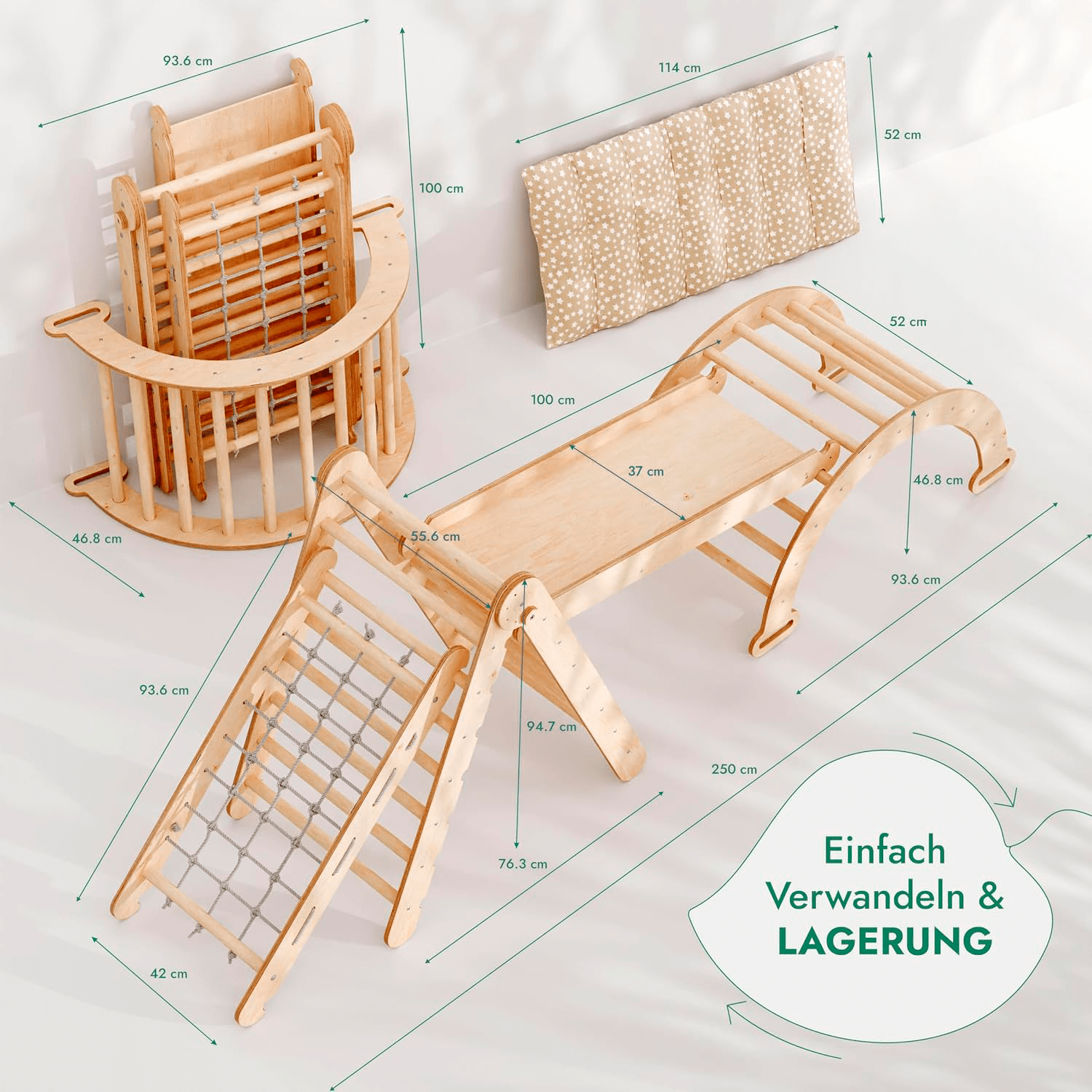 5in1 Montessori Klettergerüst Set: Kletterdreieck mit Rutsche, Kletterbogen, Kletternetz und Kissen, für Kinder 1 - 7 Jahre – Beige - myplayground