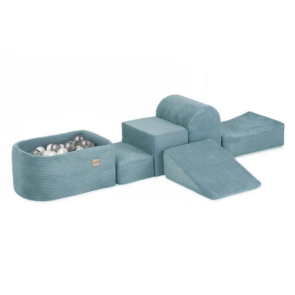 Mini terrain de jeu – Velours côtelé bleu premium, bassin et 100 balles (perle, argent) – Plush Nest by Misioo