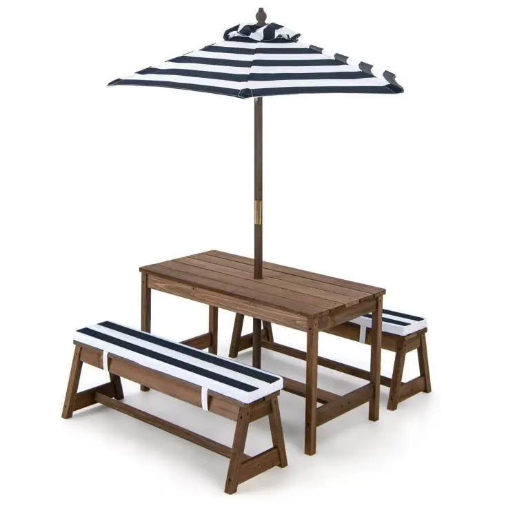 Kids Outdoor Wooden Picnic Table Bench Chairs Cushions Umbrella Set Navy/White by FastFurnishings