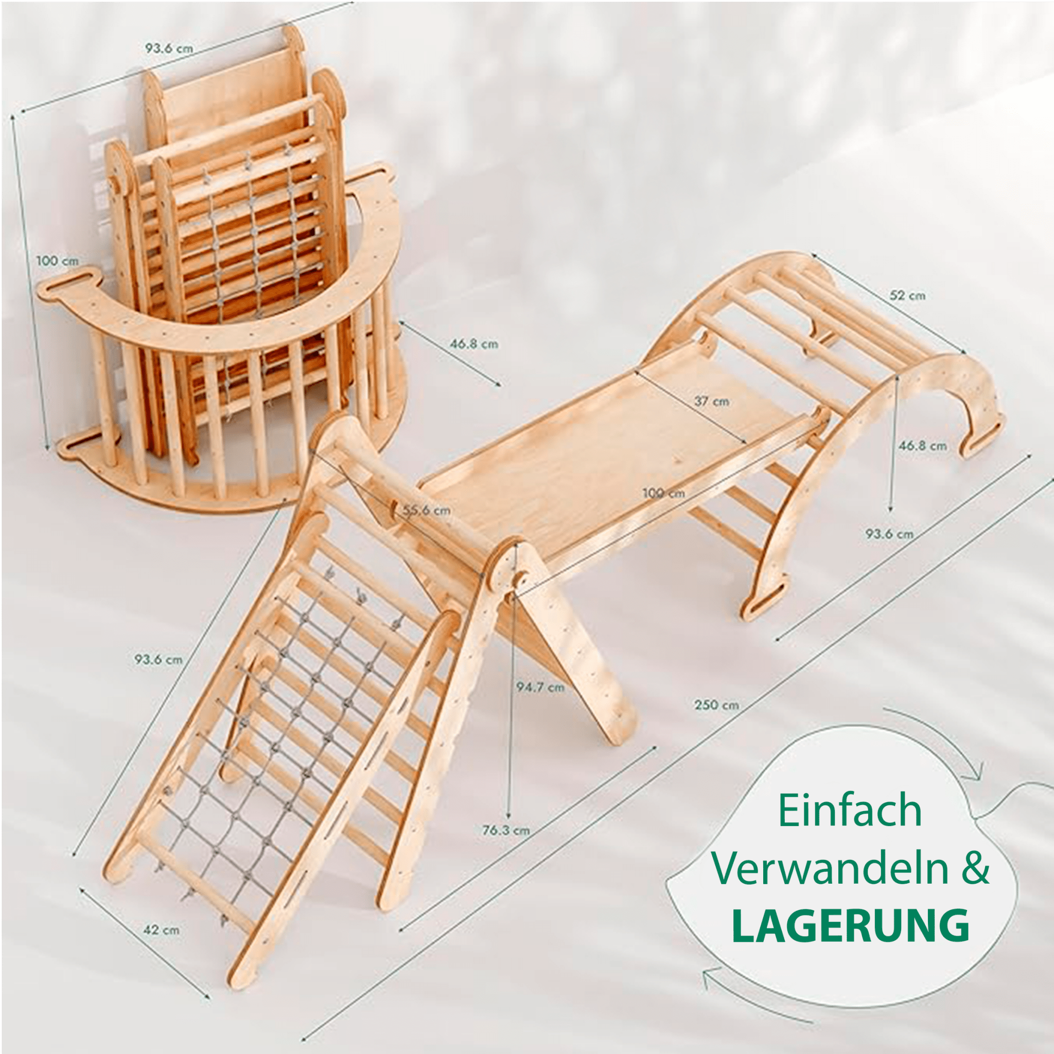 4in1 Montessori Klettergerüst Set: Kletterdreieck mit Rutsche, Kletterbogen, Kletternetz, für Kinder 1 - 7 Jahre – Beige - myplayground