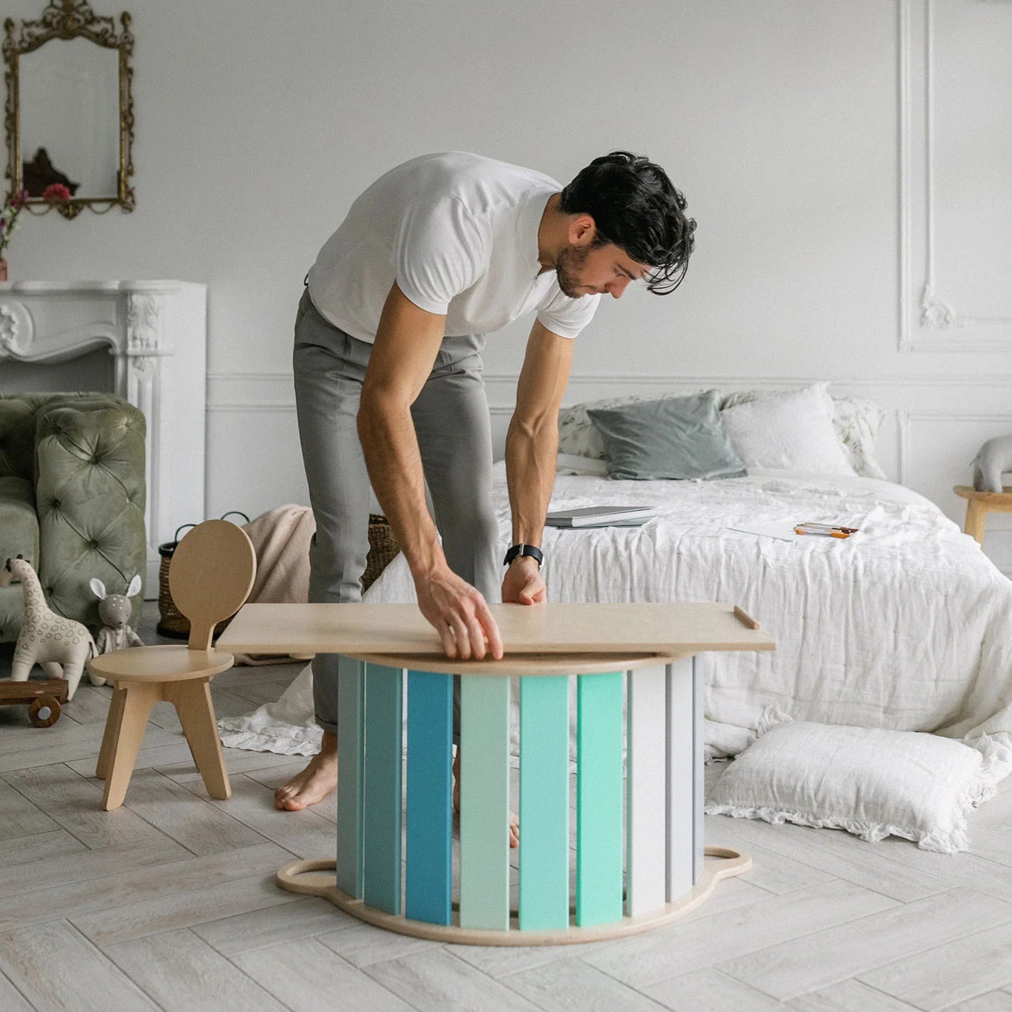 Ensemble triangle pikler + 2 Planches à Double Face + Bascule d’Équilibre - Menthe, bois natura, 12 à 18 mois - BusyKids - myplayground