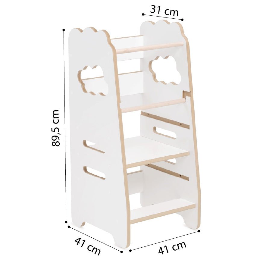 Tour d'apprentissage enfant - blanc nuage, bois, 2 niveaux, montessori en bois, tabouret pour enfant - Plush Nest - myplayground