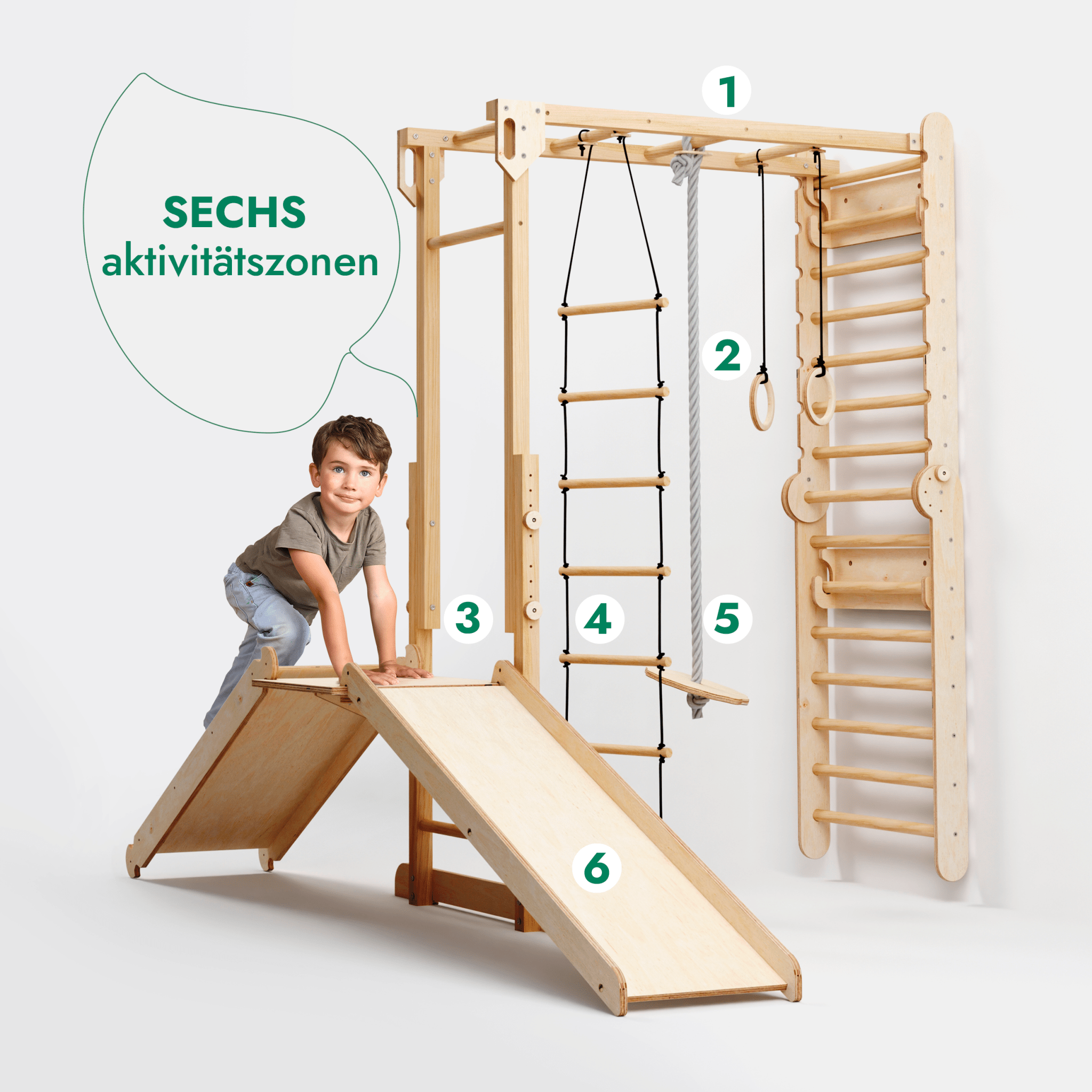 7 - in - 1 Dschungel - Spielset für Kinder: Sprossenwand + Kletterstange + Schaukelset + Rutsche + Kletterrampe - myplayground