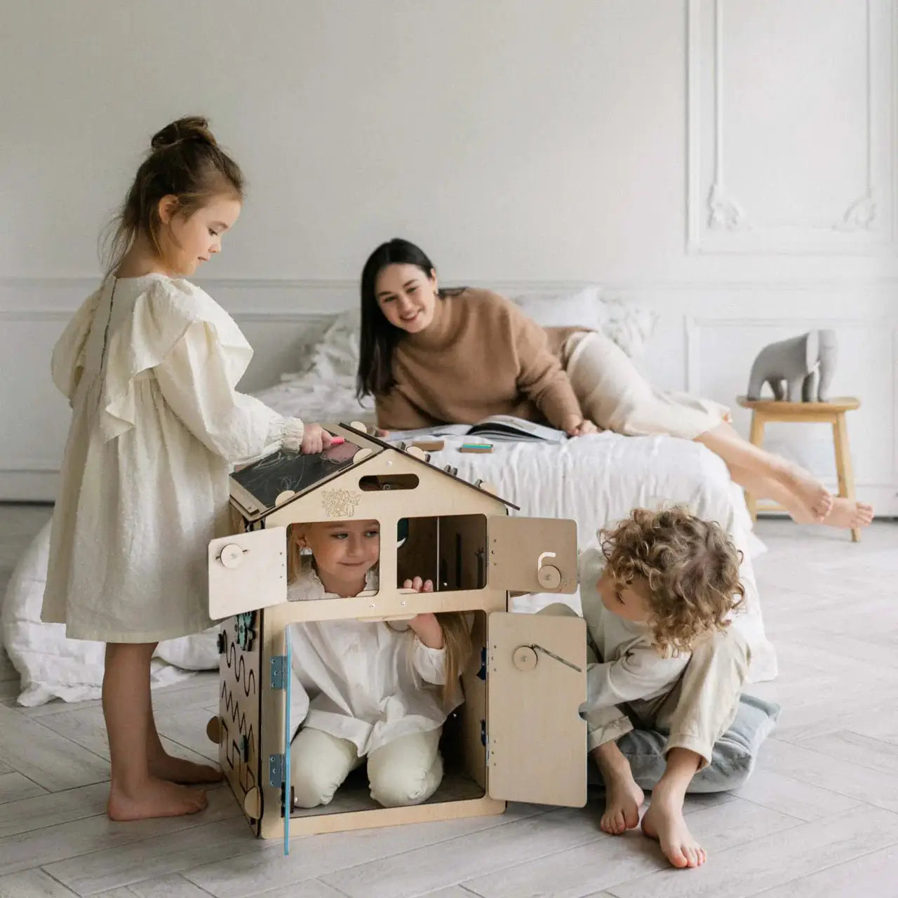 Ensemble Maisonnette et Cube Interactif - menthe, bois natura, 12 à 18 mois - BusyKids by BusyKids