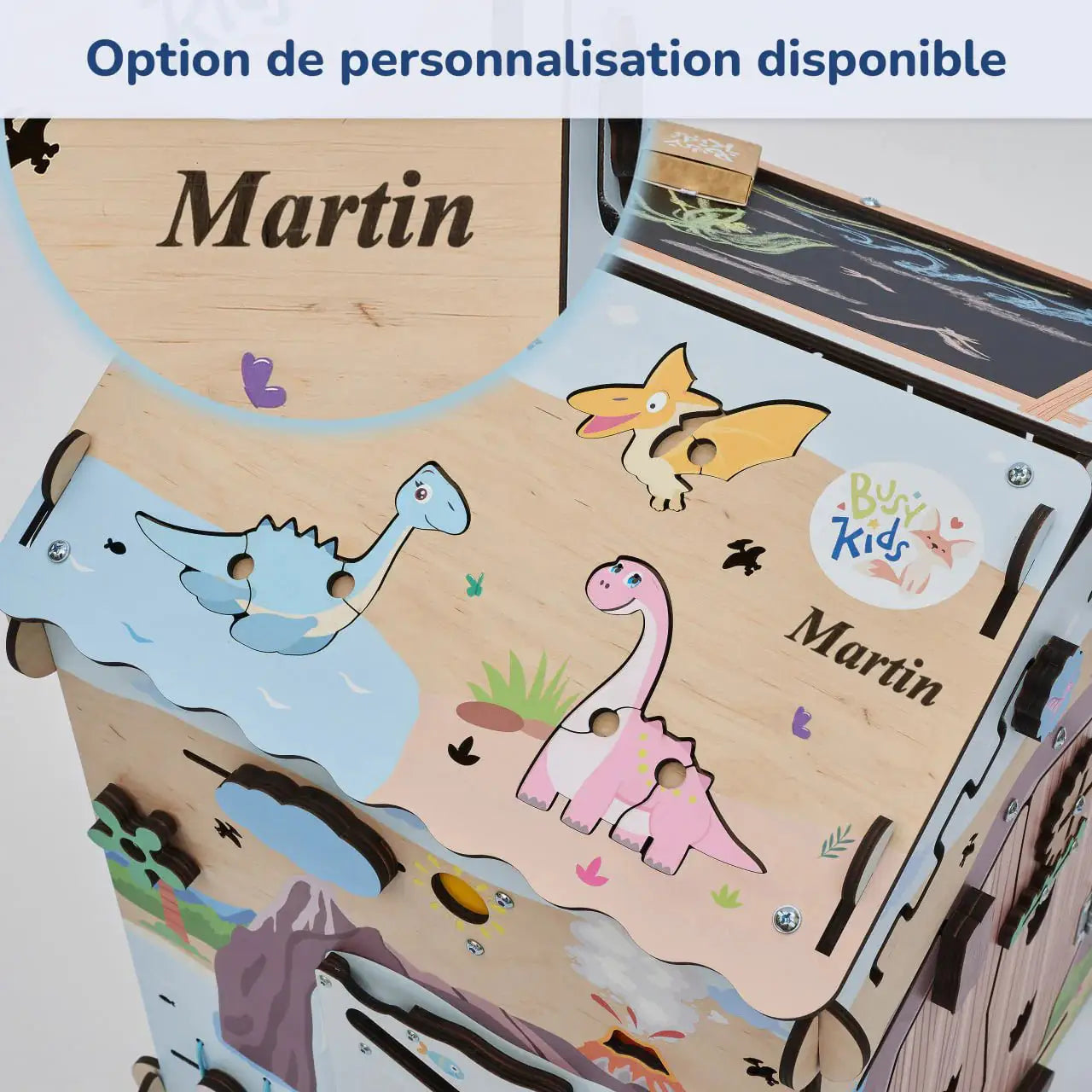 Busy Board Maisonnette Éducative DINO Équipé d'un Éclairage - Bois Natura, 12 à 18 mois - BusyKids by BusyKids