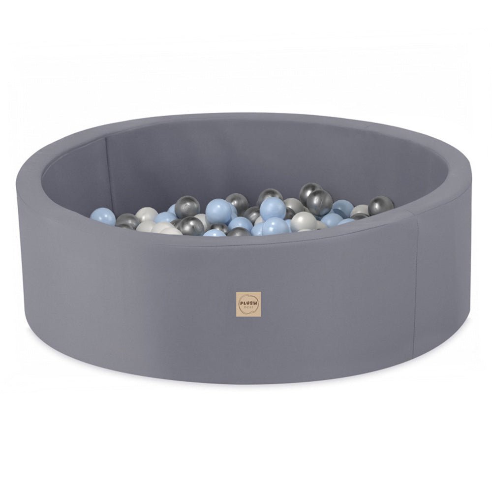 Piscine à balles extérieure - ronde 90x30 cm, grise imperméable ( 200 balles argent, bleu)– Plush Nest - myplayground