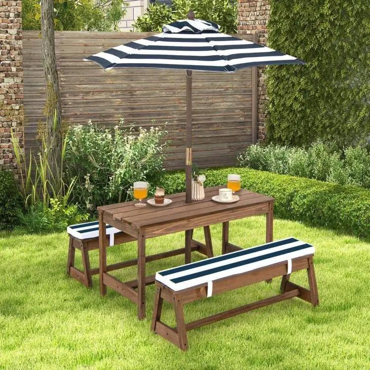Kids Outdoor Wooden Picnic Table Bench Chairs Cushions Umbrella Set Navy/White by FastFurnishings
