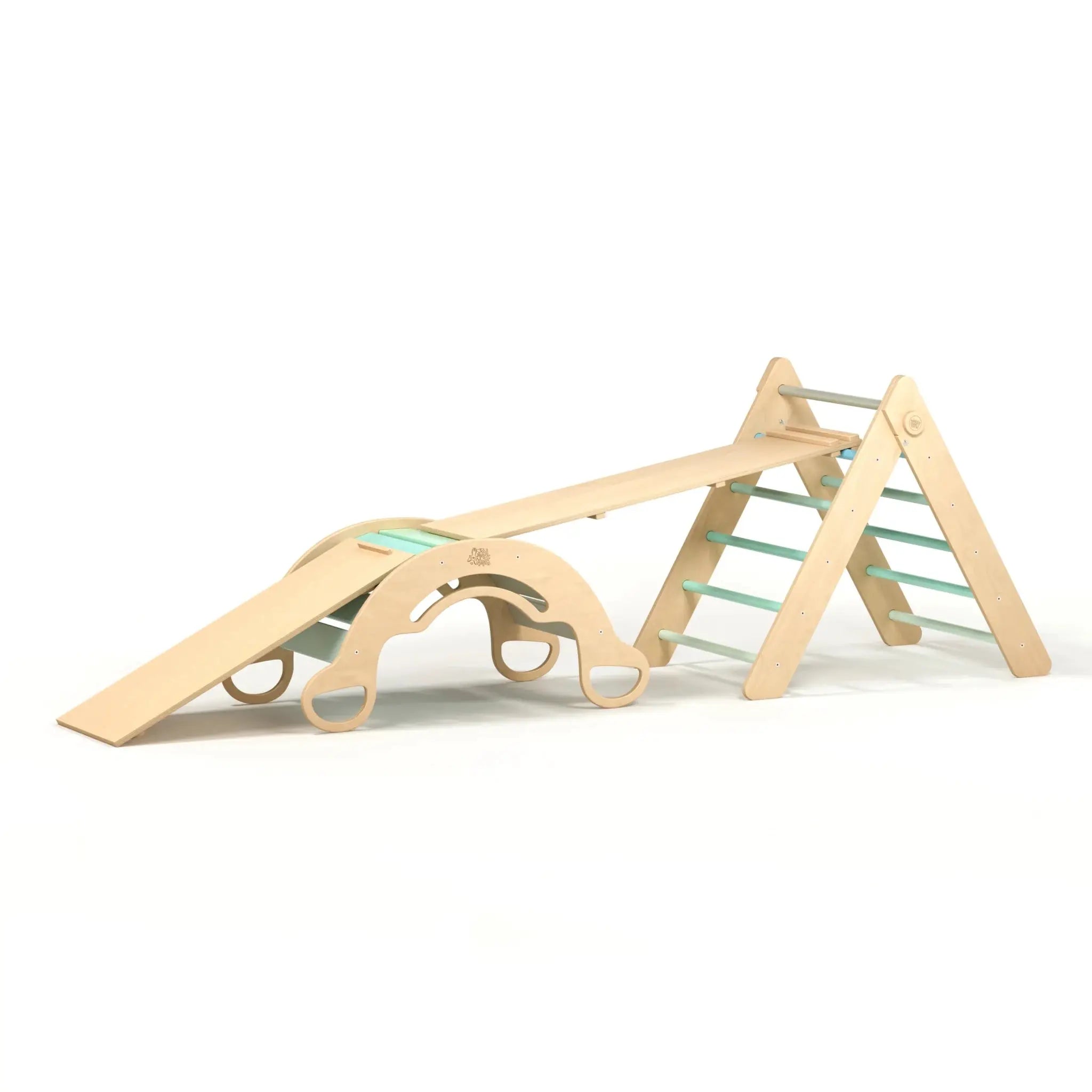 Ensemble (Maxi) Mur Suédois + Triangle Pikler + Bascule + 2 Planches à Double - Menthe, Bois Natura, 12 à 18 mois - Busykids by BusyKids
