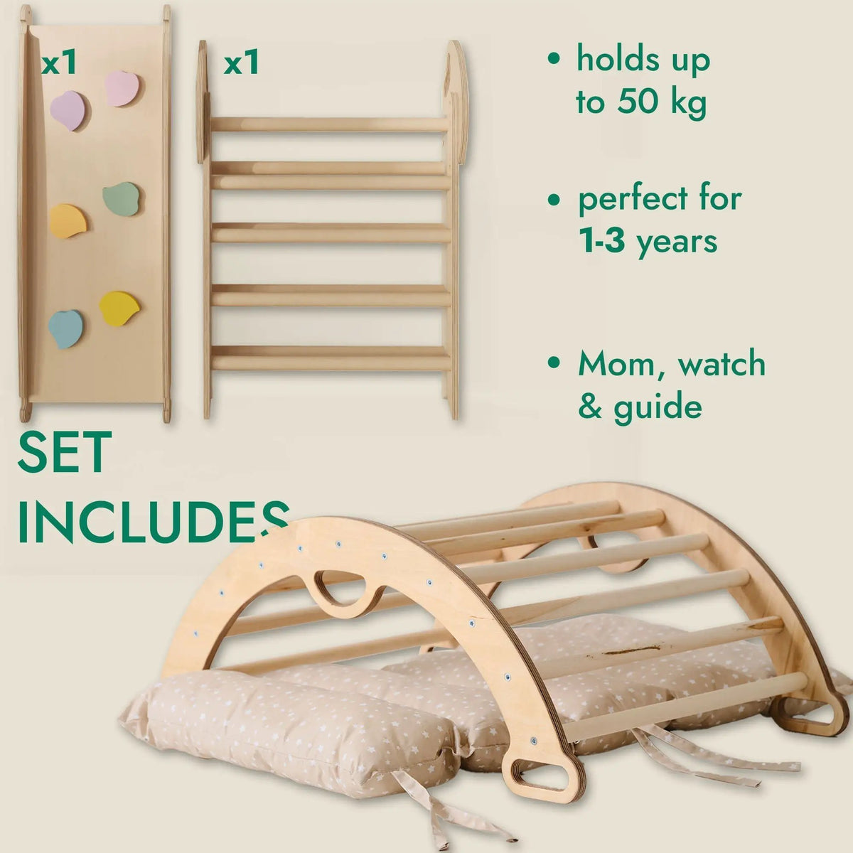 Montessori 4-in-1 Toddler Climbing Set With Pikler Triangle Climbing Arch Slide Board And Cushion Used Like New by Goodevas
