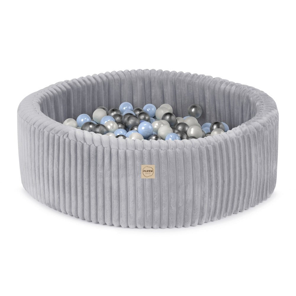 Piscine à balles - ronde 90x30 cm, Gris Puffy Lamell (+ 200 boules perle, bleue, argent ) – Plush Nest - myplayground