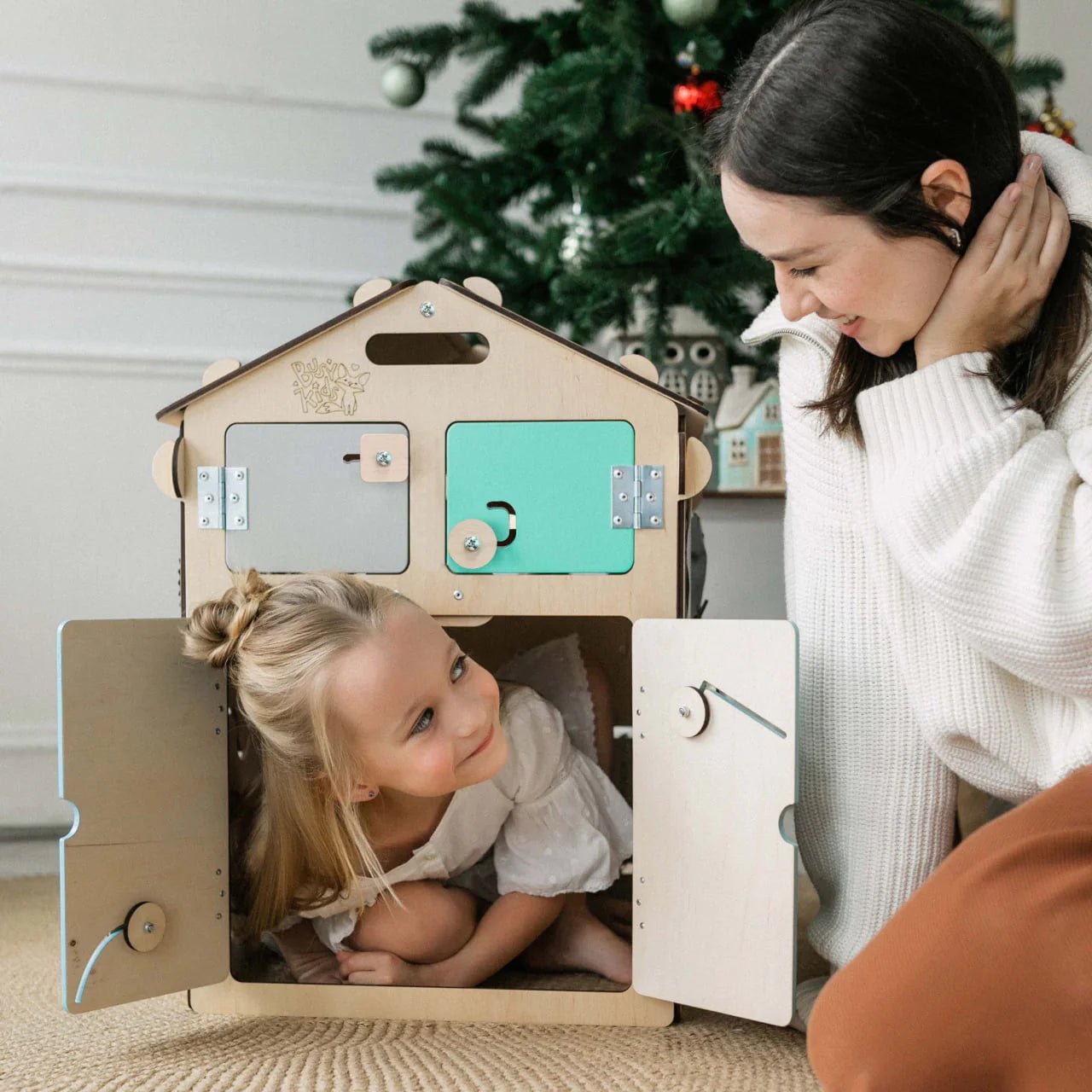 Ensemble Maisonnette et Cube Interactif - menthe, bois natura, 12 à 18 mois - BusyKids by BusyKids