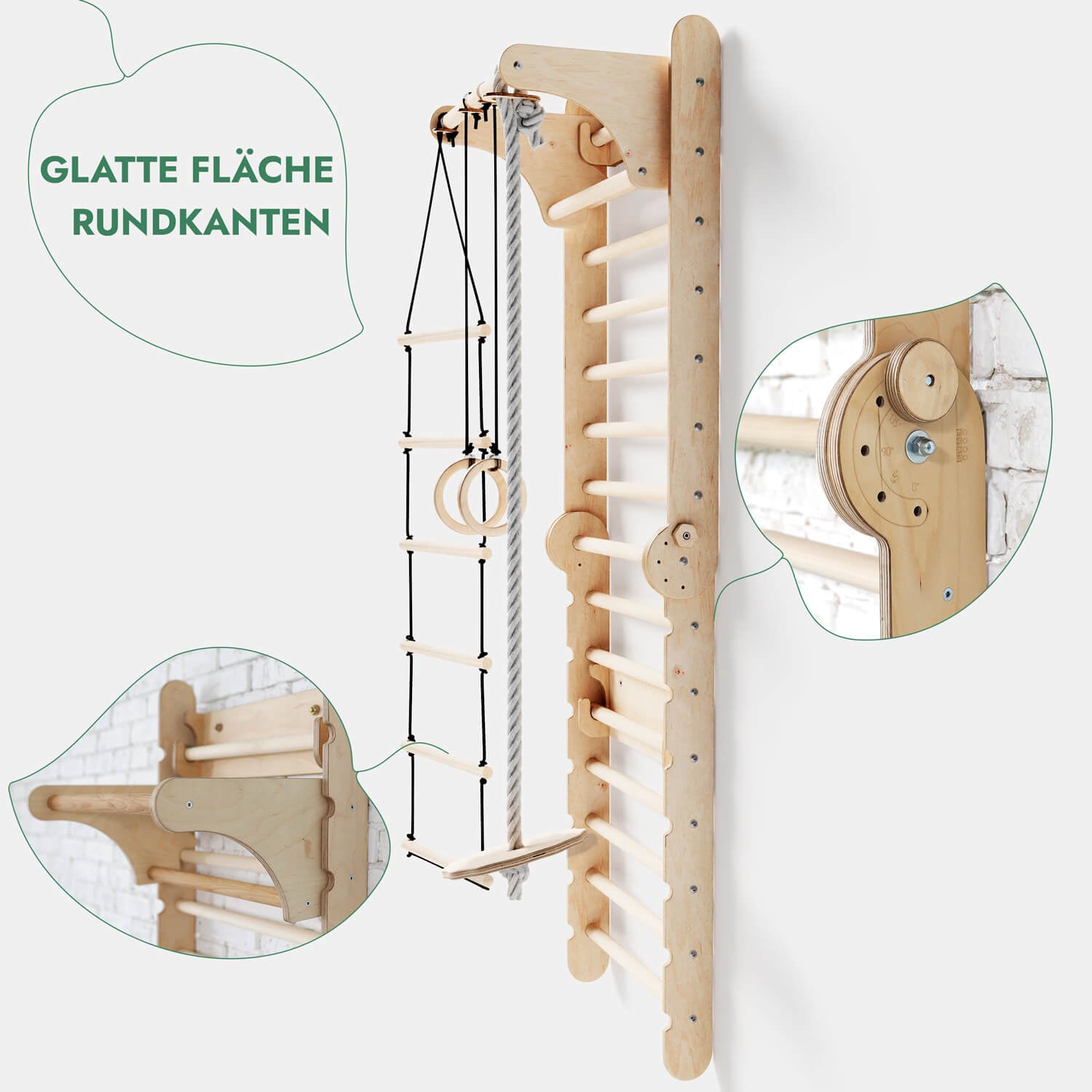 6in1 Kletterwand Indoor: Sprossenwand, Gymnastikringe, Hängende Leiter, Disc - Schaukel, Rutsche und Klimmzugstange für Kinder - myplayground
