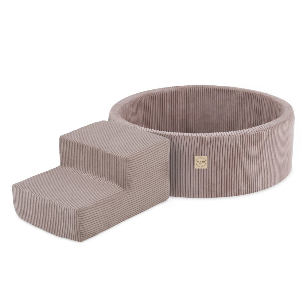 Terrain de jeu Dry pool + marche - Velours côtelé beige premium, (+200 balles : perle, or, jaune) – Plush Nest - myplayground