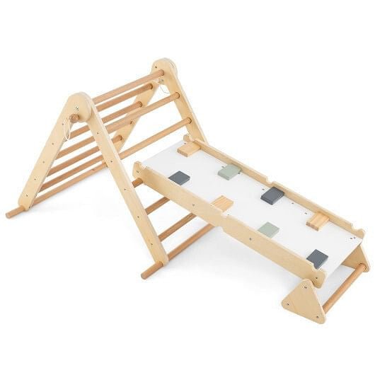 3 - in - 1 Pikler Triangle Climbing Set Kids Foldable Montessori Toys with Ramp - Natural - myplayground