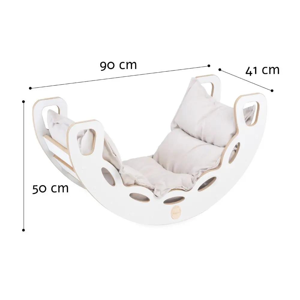 Bascule 4 en 1 - bois blanc, avec mur d’escalade, toboggan et coussin beige clair, motricité - Plush nest by Misioo