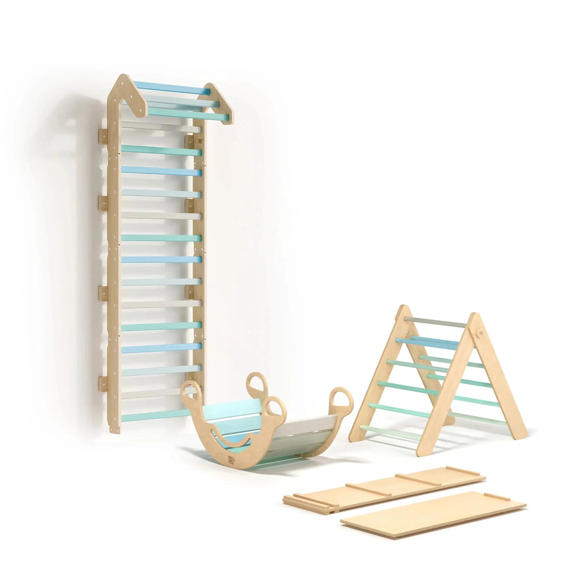 Ensemble (Maxi) Mur Suédois + Triangle Pikler + Bascule + 2 Planches à Double - Menthe, Bois Natura, 12 à 18 mois - Busykids by BusyKids