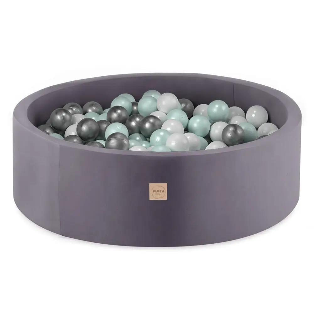 Piscine à balles - ronde 90x30 cm, gris, velours (+ 200 boules menthe, argent, blanc) -Plush Nest- Misioo by Misioo