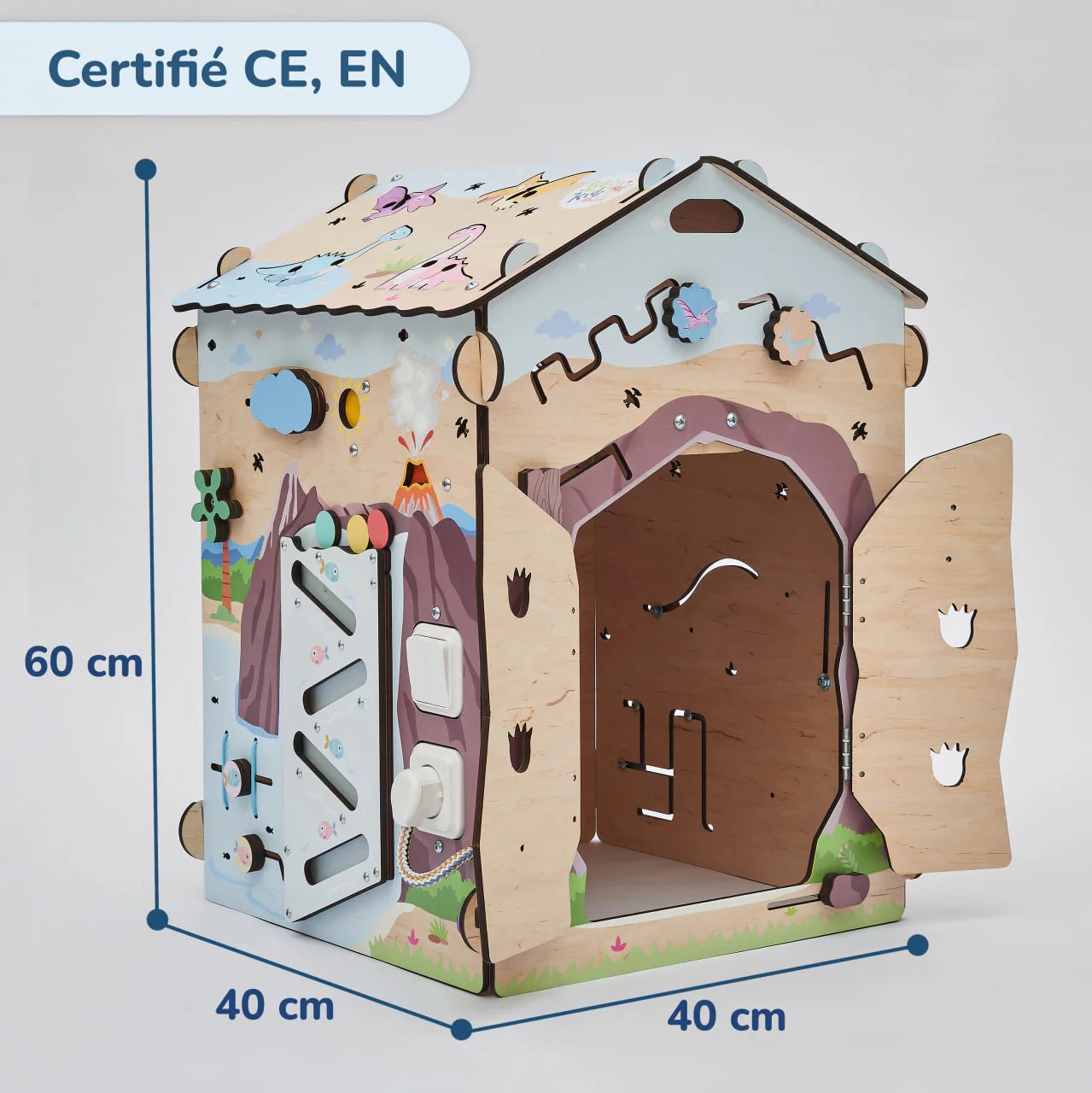 Busy Board Maisonnette Éducative DINO Équipé d'un Éclairage - Bois Natura, 12 à 18 mois - BusyKids - myplayground