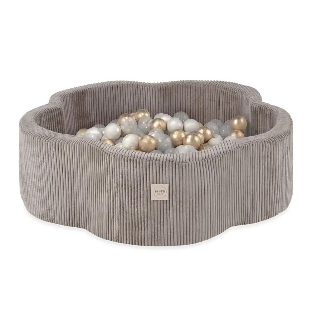 Piscine à balles, 95x30, beige, velours côtelé premium, Floral Fun Zone (+ 200 boules perle, or, transparentes) - Plush nest - Misioo by Misioo