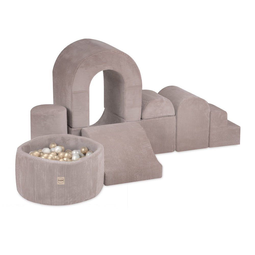 Château de terrain de jeu avec piscine +150 balles (perle, or) – Velours côtelé beige premium – Plush Nest - myplayground