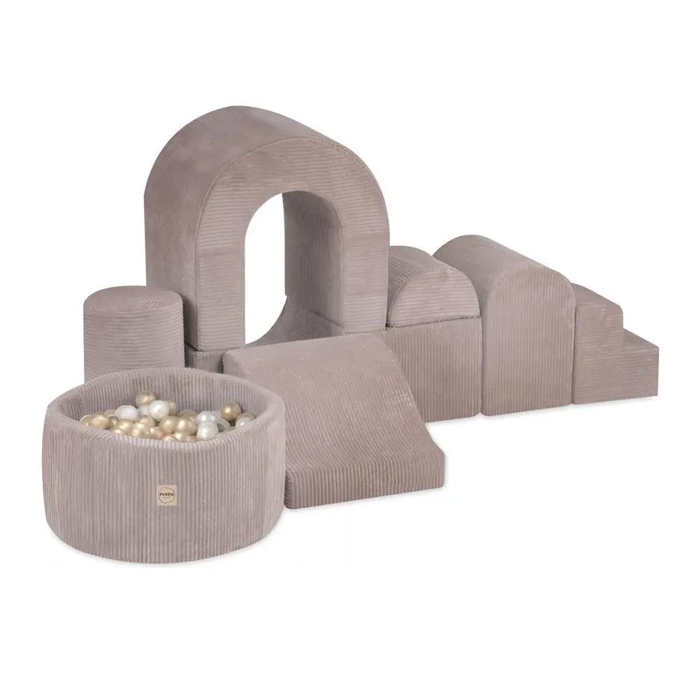 Château de terrain de jeu avec piscine +150 balles (perle, or) – Velours côtelé beige premium – Plush Nest by Misioo