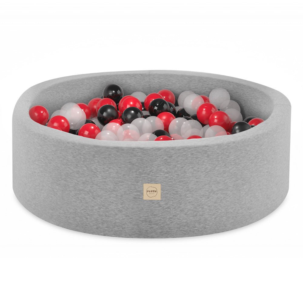 Piscine à balles - ronde 90x30 cm, gris clair, coton (+ 200 boules rouge, noir, transparentes) - Plush Nest - Misioo - myplayground