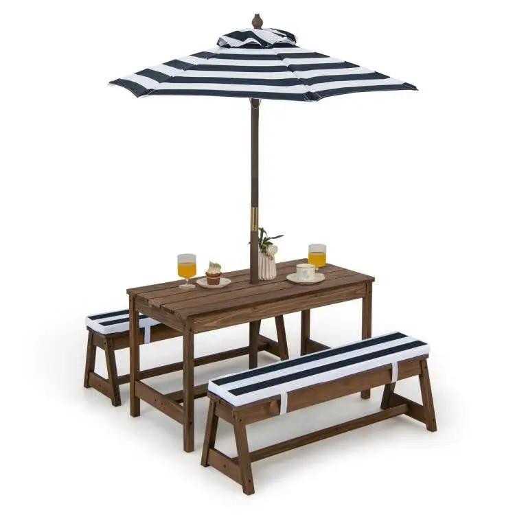 Kids Outdoor Wooden Picnic Table Bench Chairs Cushions Umbrella Set Navy/White by FastFurnishings