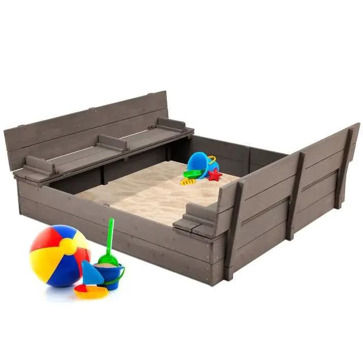 Sturdy Cedar Wood Kids Outdoor Sandbox with Benches in Grey Finish by FastFurnishings