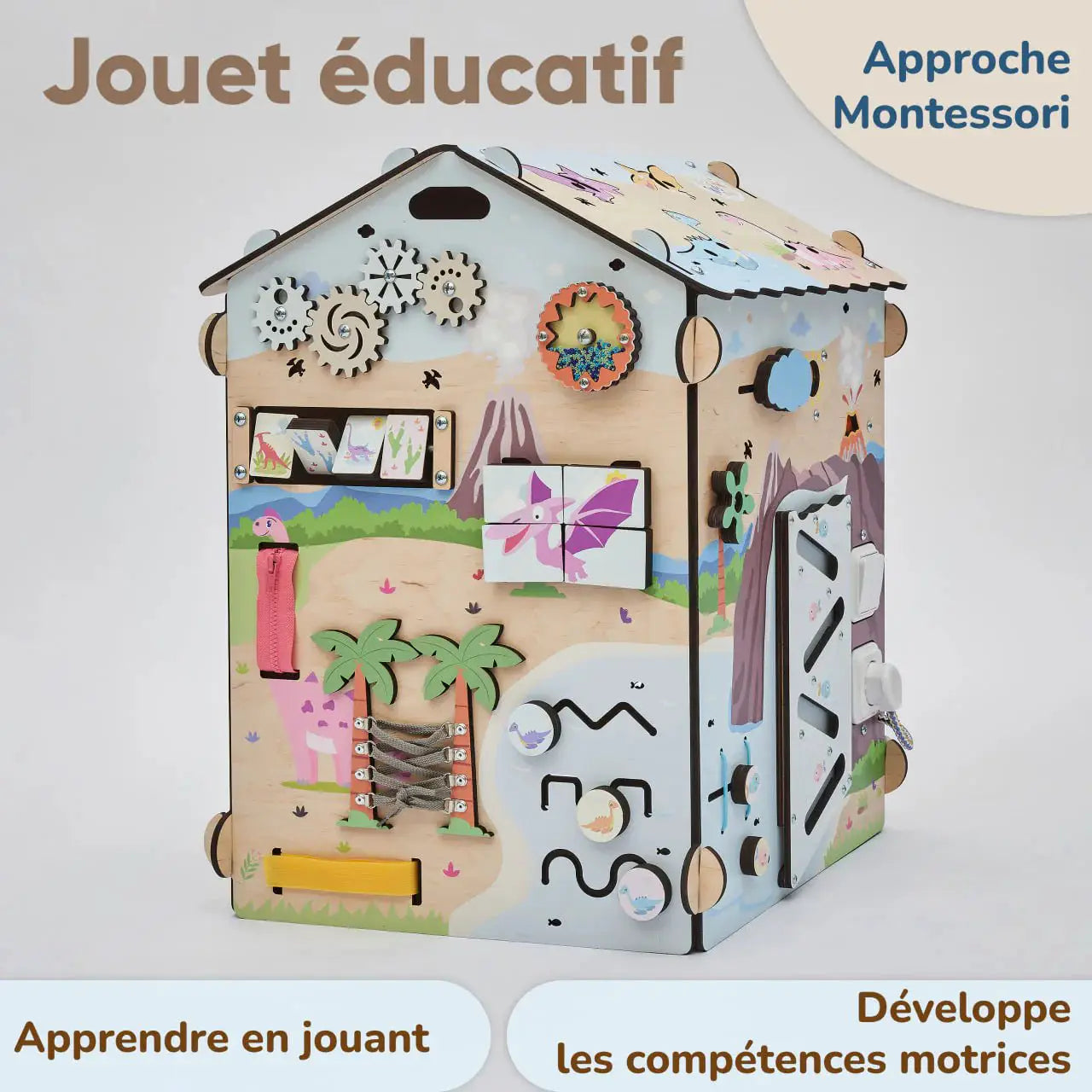 Busy Board Maisonnette Éducative DINO Équipé d'un Éclairage - Bois Natura, 12 à 18 mois - BusyKids by BusyKids
