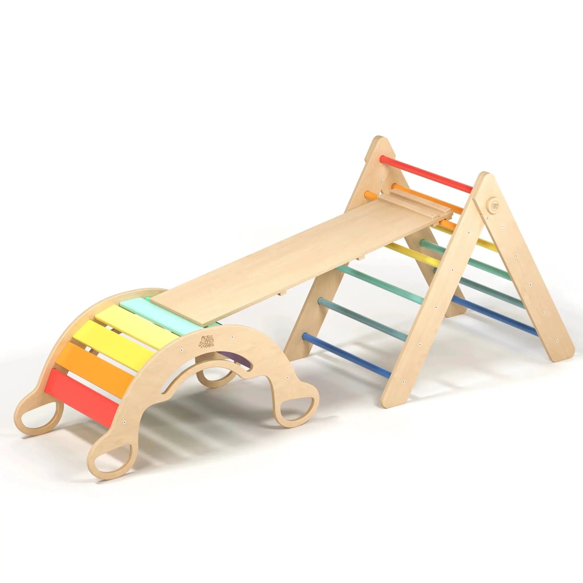 Ensemble triangle pikler + planche + bascule d’équilibre -arc-en-ciel, bois Natura, 12 à 18 mois - BusyKids by BusyKids